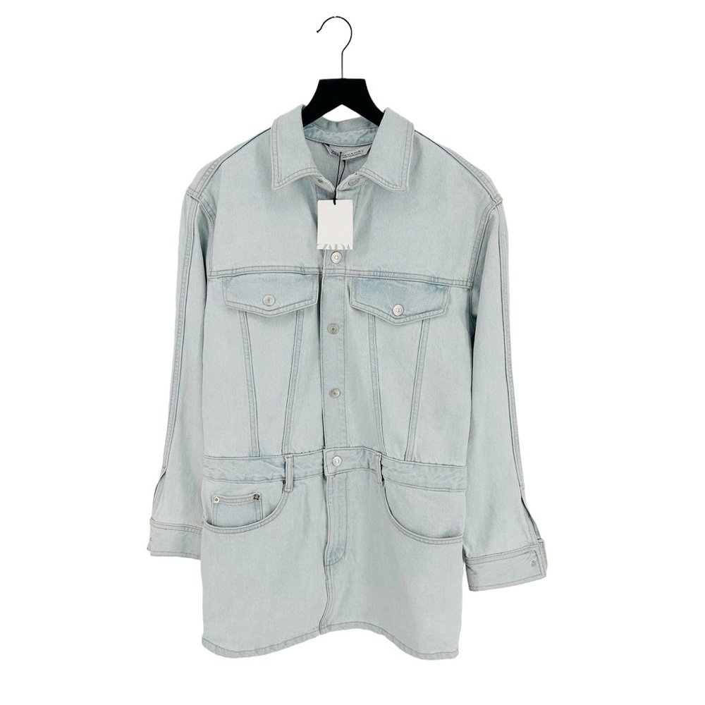 NWT Zara Light Blue Denim Long Sleeve Short Dress Size M - Picture 2 of 8